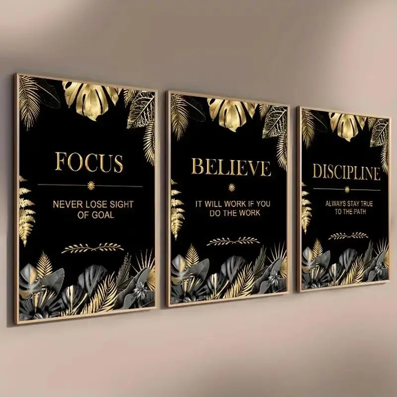 3-Count Waterproof Unframed Canvas Print Posters - Artistic Motivational Quote, Leaf Pattern, Wood-Accent Home Decor Accessory, Modern Floral Art, Secure Unisex Living Room & Balcony Decor, Bathroom-Safe