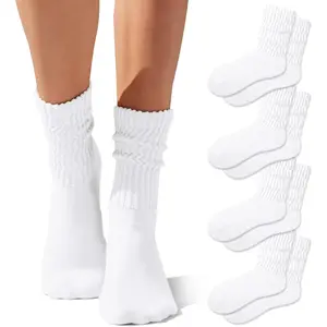 Crew Socks For Women Multipairs Cotton Cushioned Athletic Socks Retro Slouch Socks Mid Calf Rib Tube Socks breathable ankle sock White Basic