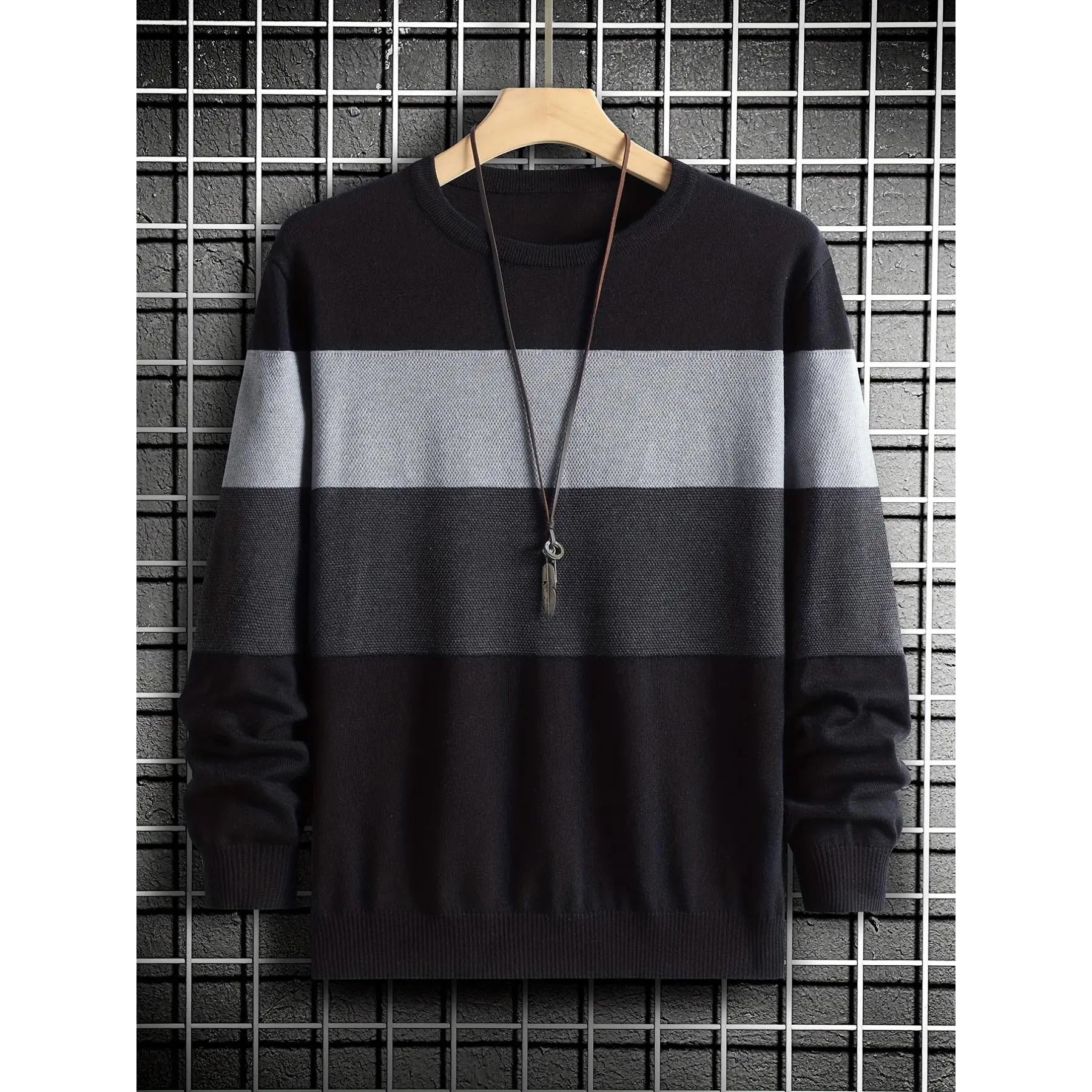Men's Soft Round Neck Longsleeves Casual Crewneck Sweater - Stylish Colorblock Knit Pullover, Warm Layer for Autumn, Winter