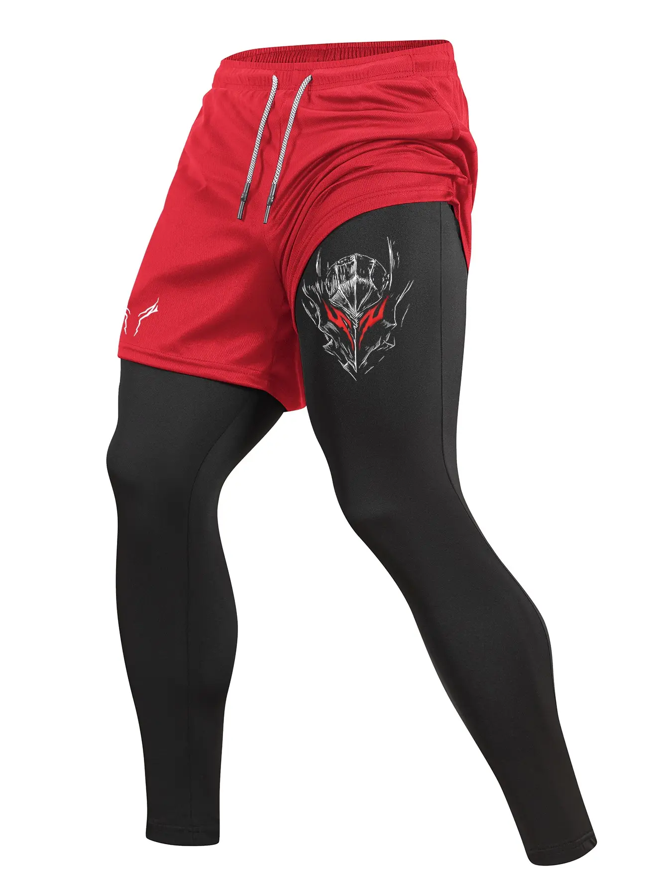 Men's Graphic Print Athletic 2 in 1 Compression Pants, Spring Fall Gym Workout Fitness Tights Leggings with Pockets, Phone Pocket, Zipper Pocket, Towel Loop, Sporty Running Quick Dry Baselayer Activewear for Fitness Bottoms