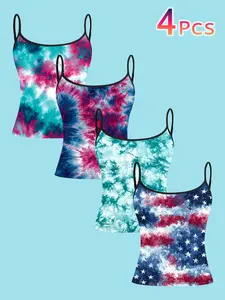 4-Piece Set Tie-Dye Star Spangled Thin Strap Tank Tops, American Independence Day Print Straps, Women's Summer Casual Sleeveless Tees