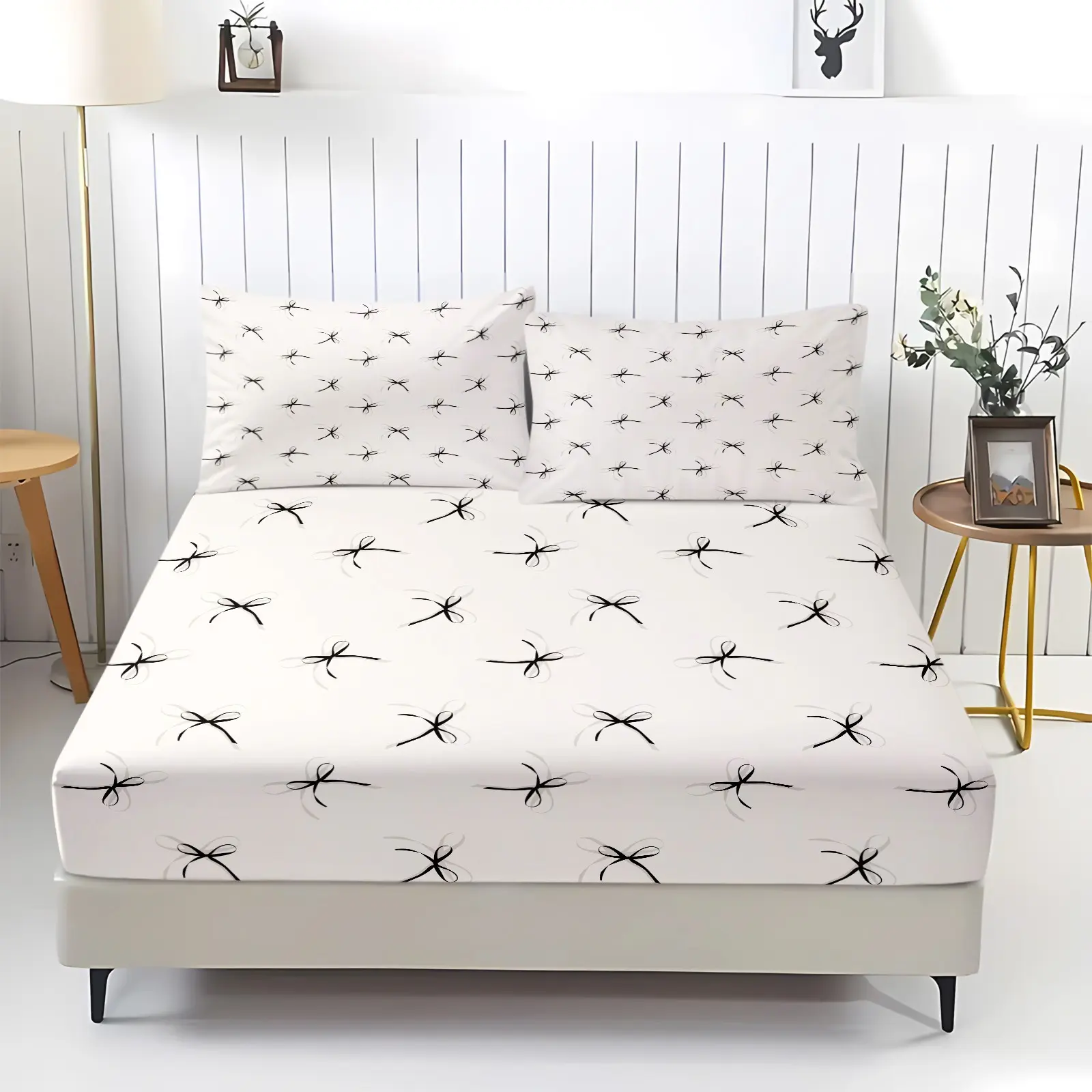 Butterfly Bow Print Fitted Sheet Set, Bedsheet, Including 1 Sheet And 2 Pillowcases, Comfortable Bedding, Easy To Maintain, Cozy Bedroom Decor