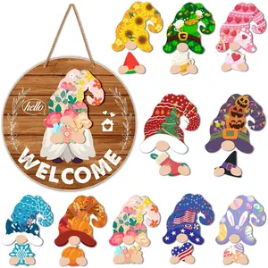 Interchangeable Gnome Welcome Sign Easter Bunny Porch Decor, Changeable Wooden Gnomes Front Door Decoration Wreath Hanger for Spring Summer Fall Winter All Seasons Holiday, Red Brown