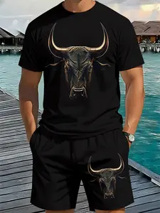 Taurus domineering men's casual digital print two-piece set, 2Pcs, trendy, Stylish and fashionable suit, trendy retro casual two-piece set, Tropical vacation-style trendy outfit, breathable sports casual style, perfect holiday gift for men, Round Neck Top