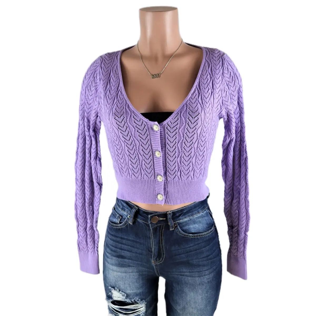 Lavender Crop Cardigan Long Sleeve Sweater Comfortable