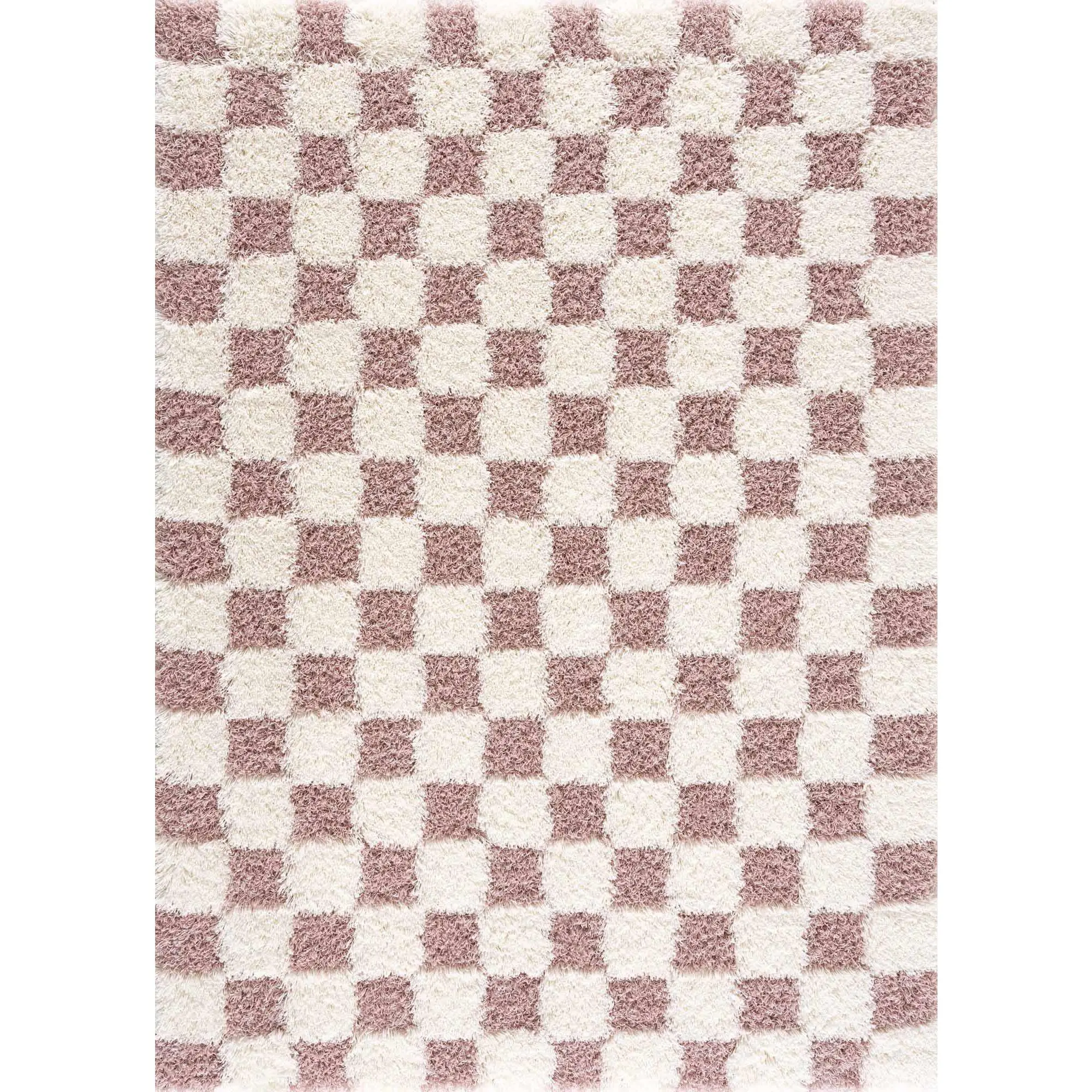 Atira Pink and Cream Checkered Fuzzy Shag Rug - Soft Plush Household Textile Carpet for Living Spaces, Fuzzy Rugs
