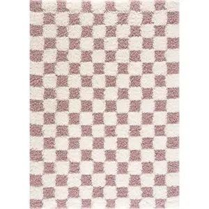 Atira Pink Checkered Shag Rug - Pink&Cream Checked Soft Plush Rug