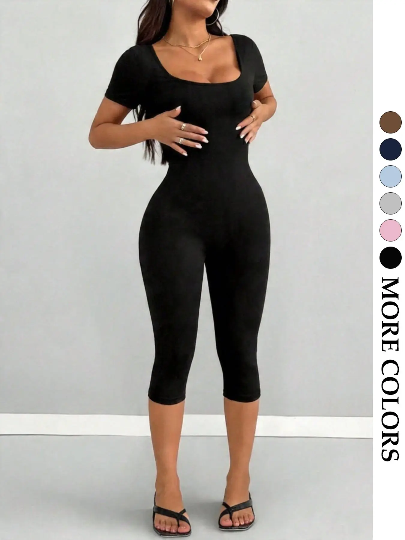 Women's Summer U-Neck Slim Jumpsuit, Stretchy Shaping Capri Jumpsuit, Tummy Control & Hip Lifting Short Sleeve Jumpsuit, Minimalist Y2K Style, All-Season Versatile Jumpsuit for Yoga, Fitness and Daily Wear, Sculpting Jumpsuit