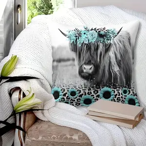 [1 Throw Pillow] 45cm Printed Throw Pillow (Includes Insert) |Highland Cow Throw Pillow, Boho Teal Floral Crown & Leopard Print Farmhouse Decor, Digital Print Accent Cushion for Living Room, Sofa, Bedroom, Gift Idea