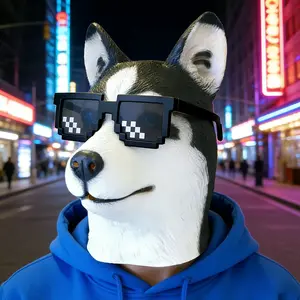 Party Carnival Husky Dog Mask Animal Latex Full Head Mask Carnival Halloween Party Costume - Wear Sunglasses
