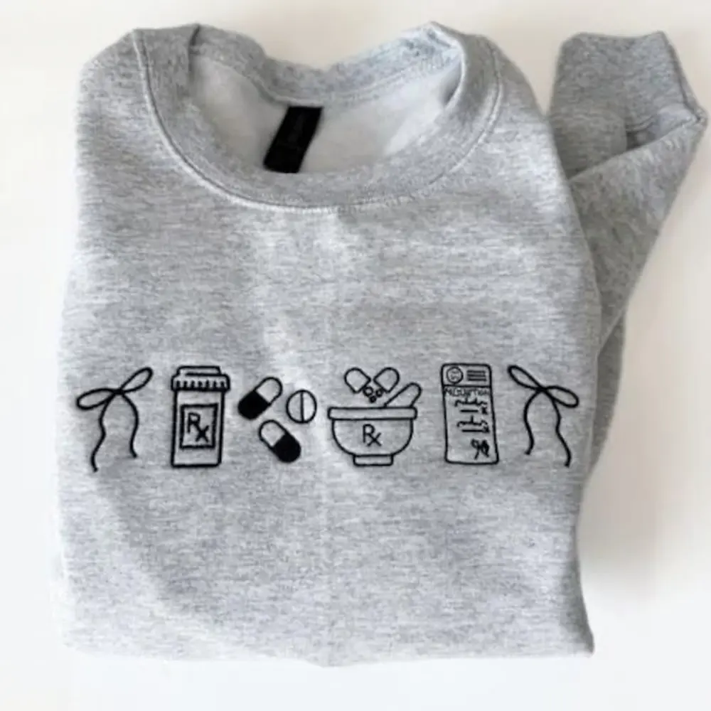 Pharmacy Icon Embroidered Sweatshirt | Pharmacist Crewneck Pullover | Pharmacy Tech Gift | Cute Medical Embroidery Sweatshirt