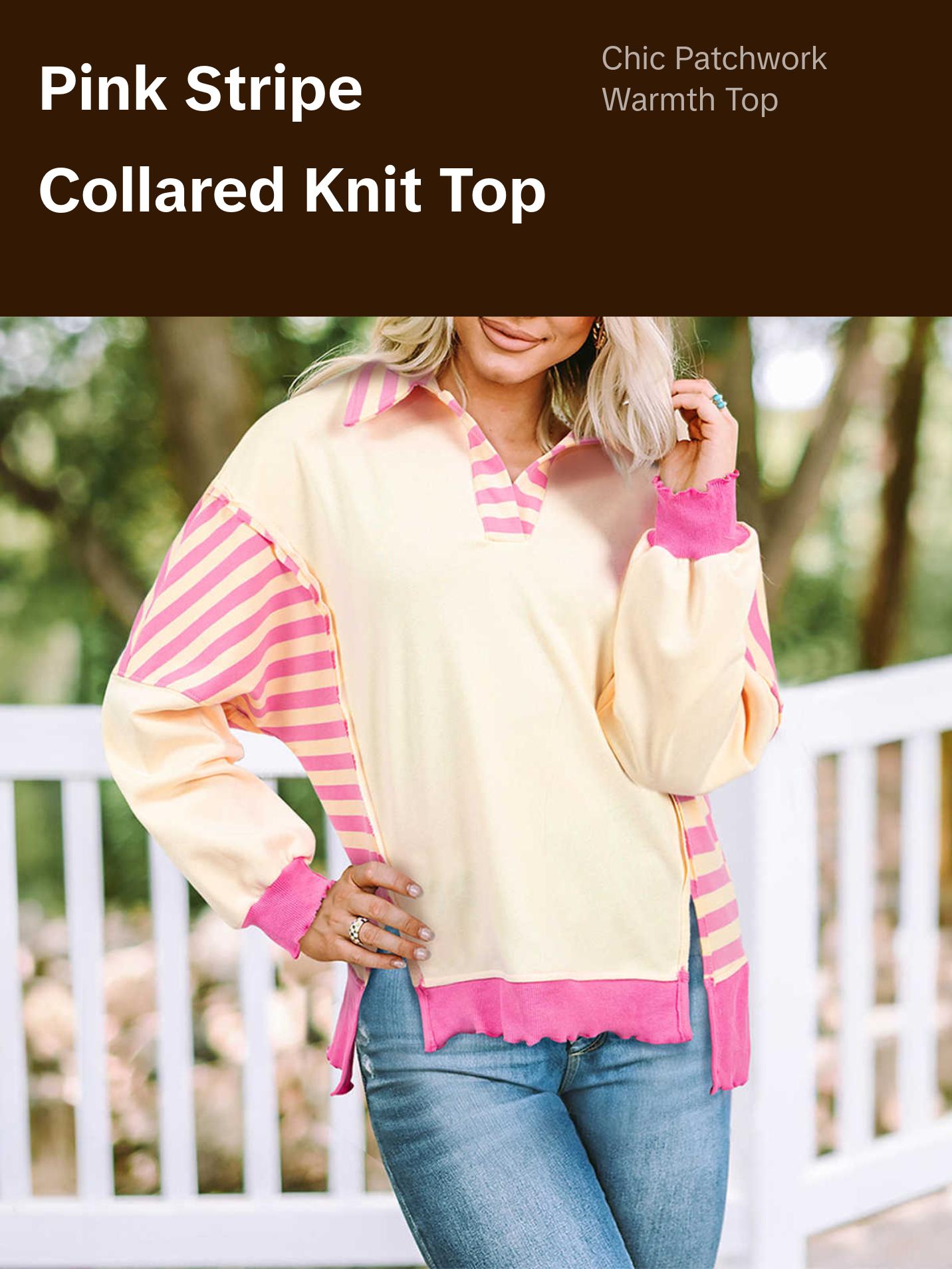 Pink Stripe Colorblock Patchwork Collared French Terry Knit Top - Soft & Warm Pullover with Polished Neckline