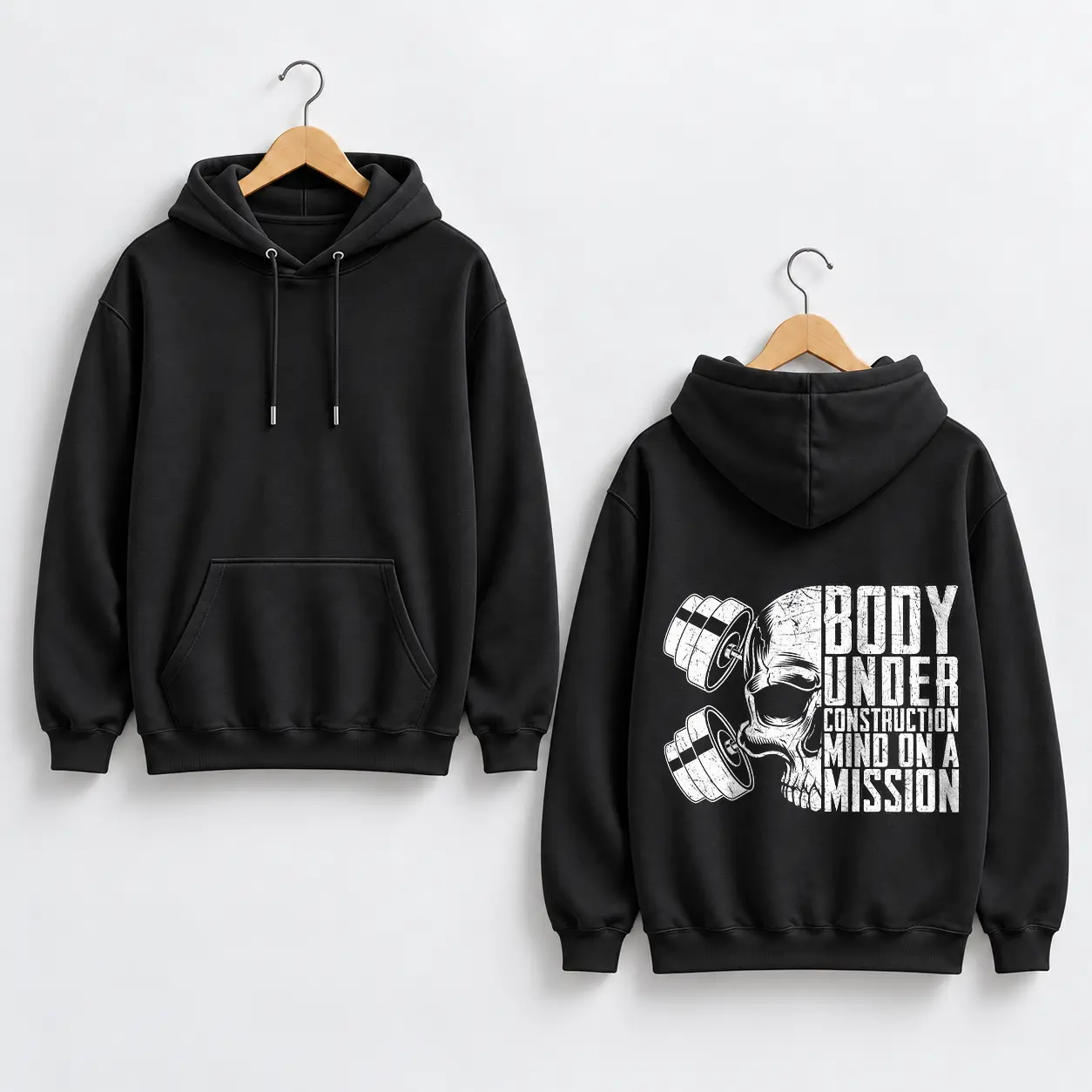 Black Workout Hoodie with Skull and Dumbbells Graphic, 'Body Under Construction Mind On A Mission' Print, Motivational Fitness Pullover