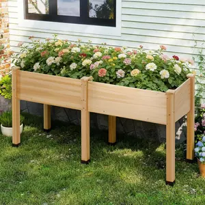 Amerlife Elevated Wood Planter Box with Legs, Raised Garden Bed with Bed Liner, Divider & Drainage System, Outdoor Planters for Backyard, Patio – Mother’s Day Gift, Elevated Planting Boxes,summervibes