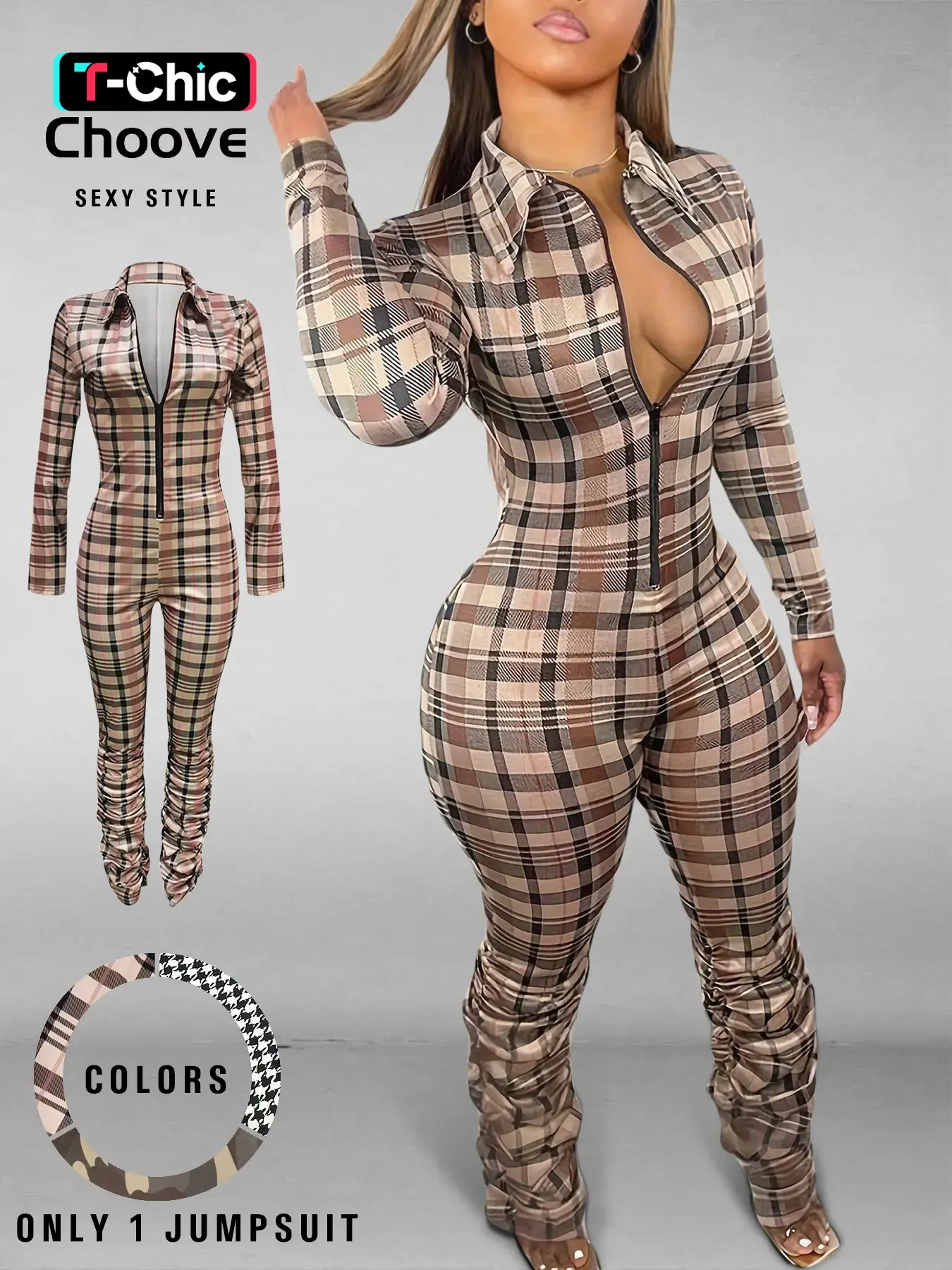 Women's Sexy Casual Plaid Bodycon Jumpsuit with Collared, Zipper Front & Ruched Design, Tight-Fitting Long Sleeve Jumpsuit for Fall & Winter, Womenswear Fitted