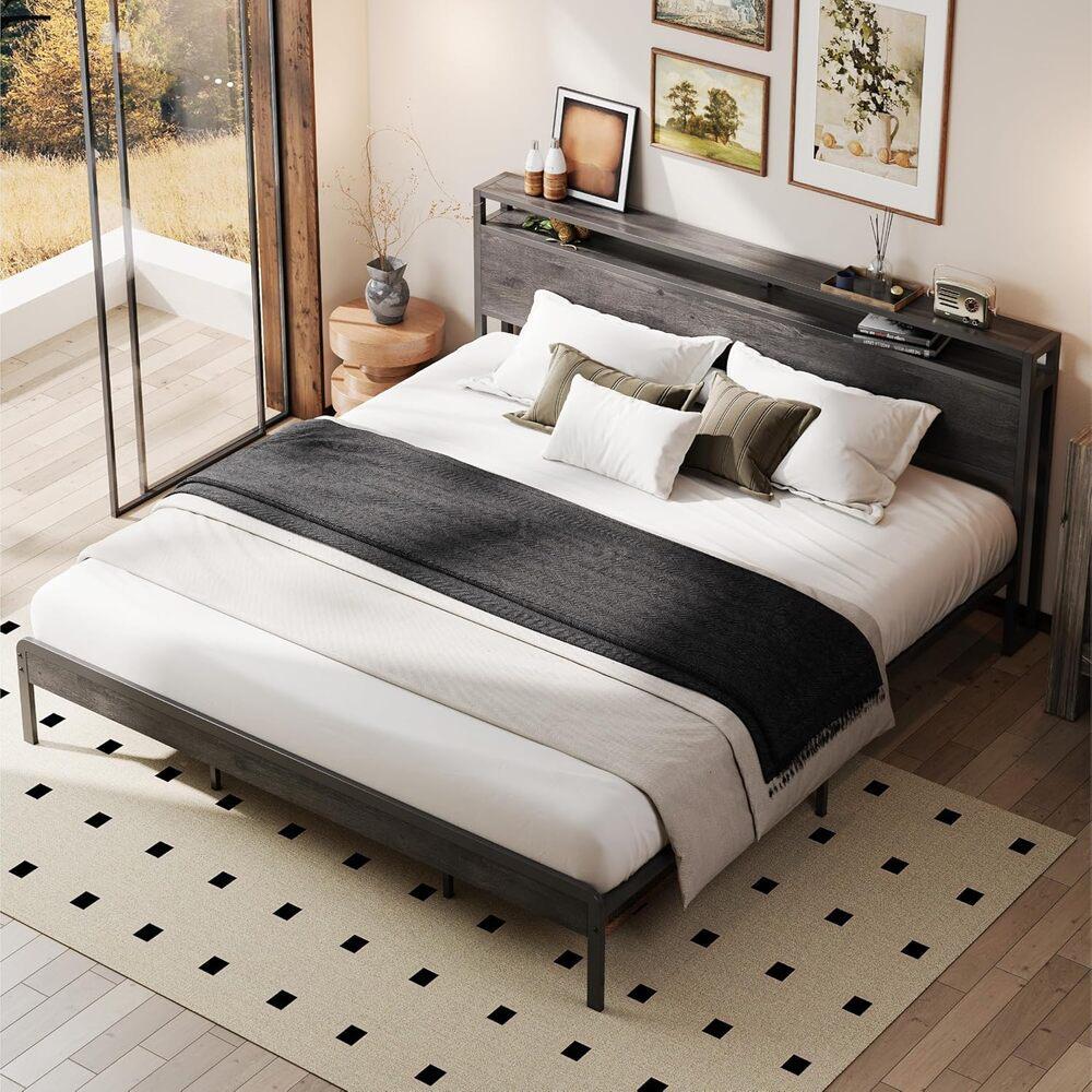 LIKIMIO California King Bed Frame with Headboard, Dark Wood Camas California King with Strong Supports, Sturdy, Noise-Free