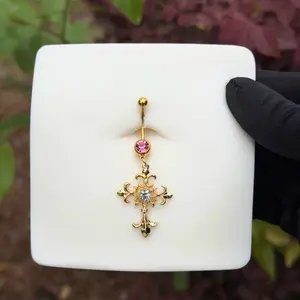 Cross Longer Belly Ring Piercing 14G Diameter 14mm Long Bar Navel with Pink Gemstone and Crystal Cross Design for Body Jewelry