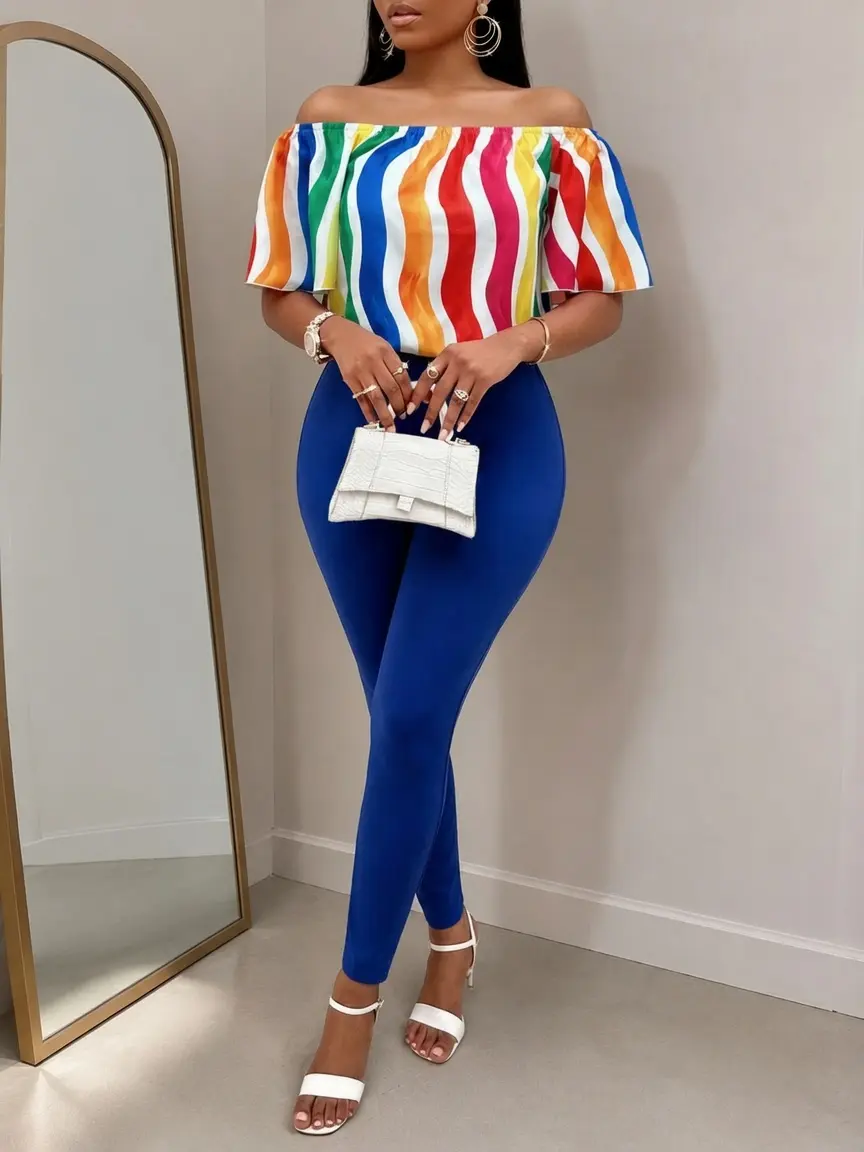 Rainbow Stripe Off-Shoulder Crop Top & Blue High Waist Leggings Two-Piece Set, Women’s Casual Summer Outfit, Flowy Top & Bodycon Pants For Party, Brunch, Streetwear & Vacation style sweaterset 2 matching lounge 2-piece solid color set
