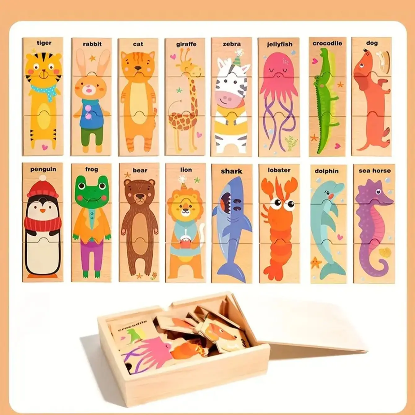 Wooden Animal Matching Puzzle, English Word Three-Piece Educational Toy, Large Cartoon Shape Brain Development Game, Stem Montessori Puzzle, Wooden Puzzles