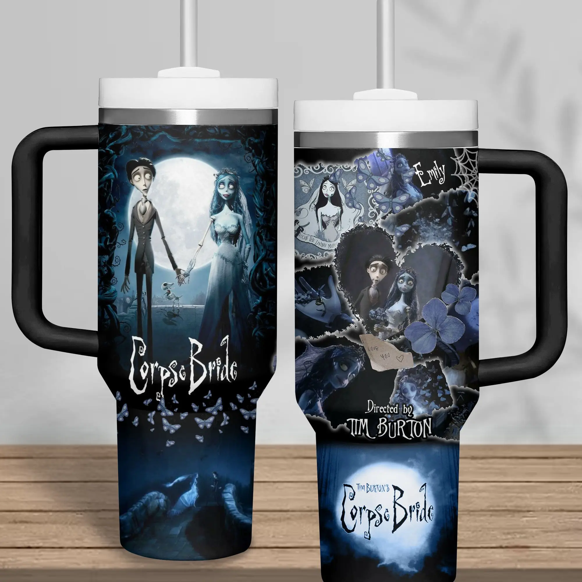 Corpse Bride 40oz Tumbler with Handle & Straw, Cartoon Inspired Stainless Steel Insulated Travel Mug, Emily & Victor Gothic Halloween Cup, Dark Fantasy Movie Fan Gift, Keeps Drinks Hot & Cold, Reusable Coffee Tumbler for Horror Lovers