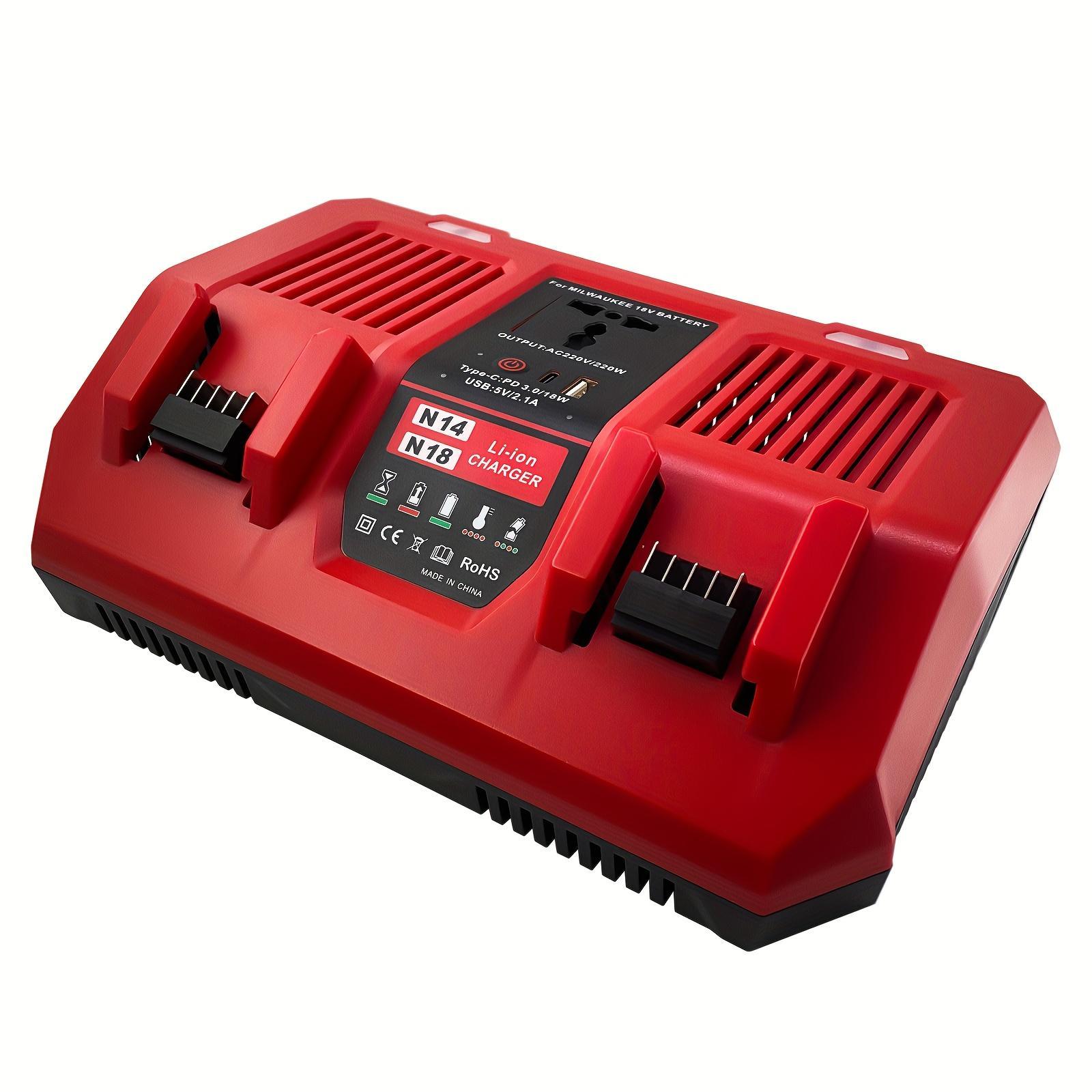 Dual Battery Charger Fit for Milwaukee M18 18V, 8A Fast Charging Station with 220W AC Inverter, Type-C & USB-A Ports, Compatible with Milwaukee M18 14.4V/18V Lithium Battery, Dual Port Simultaneous Charger for Power Tools