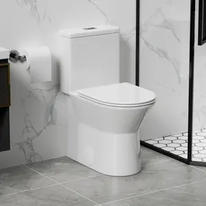 1.1/1.6 GPF Tornado Flush One-Piece Toilet with Comfort Chair Seat ADA Height 17",Powerful & Quiet Dual Flush Modern Toilet,Siphonic S-trap 12",Rimless Bowl with Soft Closing Seat,Gloss White GW-005    RR