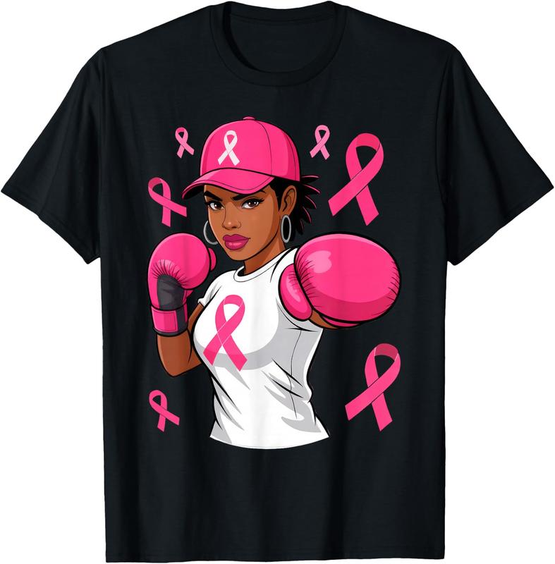 African American Woman Pink Boxing Gloves Cap Fight Breast Cancer Pink Ribbon women T-Shirt