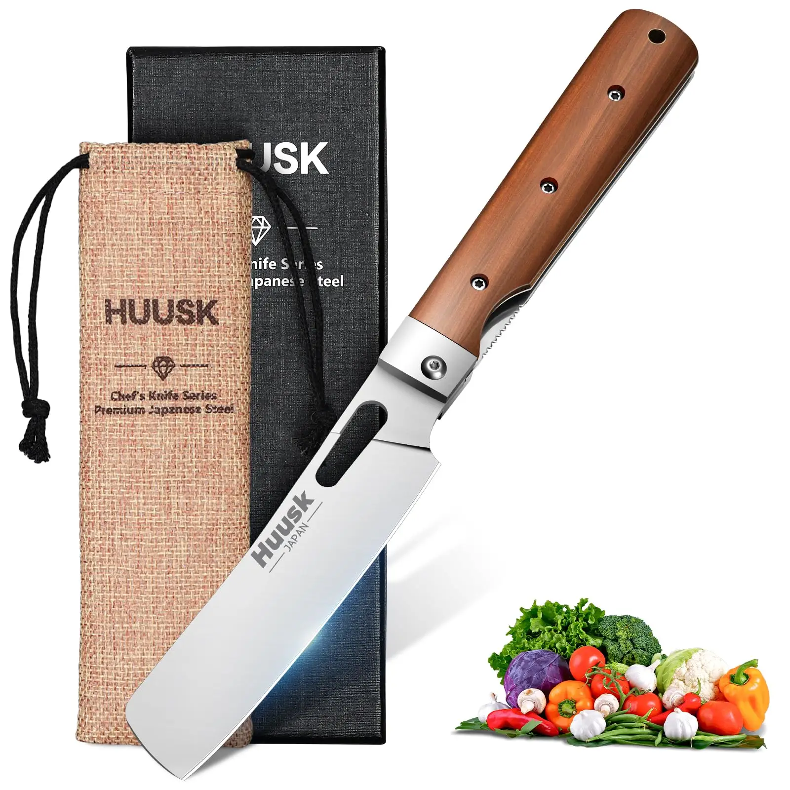 Huusk Folding Nakiri Knife with 440C Stainless Steel Blade, Wood Handle, Portable Kitchen Knife for BBQ, Outdoor, Gift Box Cooking Cutting Utensils –