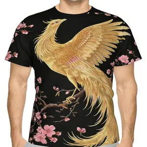 Unisex Golden Phoenix & Cherry Blossom Print T-Shirt, Traditional Asian Graphic Tee, Black Floral All-Over Print Short Sleeve, Oriental Mythical Streetwear Top