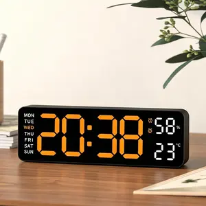 Digital Wall Clock Large Display, 9.5" LED Desk/Wall Clock for Bedroom Decor, Dual Alarm Clock with Snooze, Temperature, Humidity, Auto-Dimming, DST, 12/24H, °C/°F – Orange