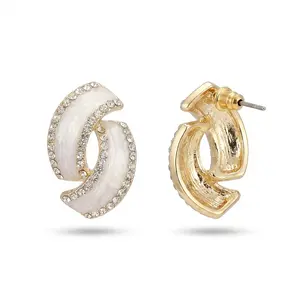 Women's 925 Sterling Silver Post Dangle Earrings - French-Style White Spiral Studs with Vintage Double-C Design, Minimalist CZ Fashion Earrings for Everyday Wear