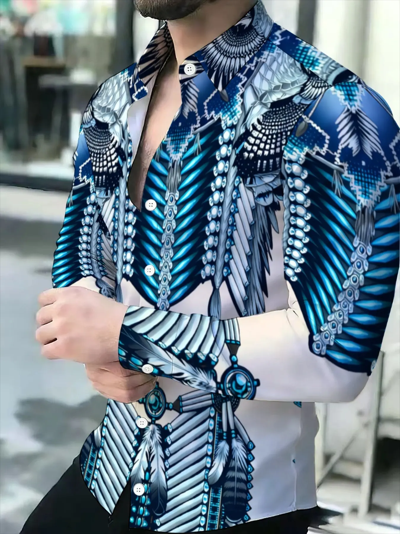 Men's Long-Sleeve Casual Fitted Collared Aesthetic Shirt Novel Pattern Print