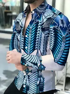 Men's Long-Sleeve Casual Fitted Collared Shirt Novel Pattern Print