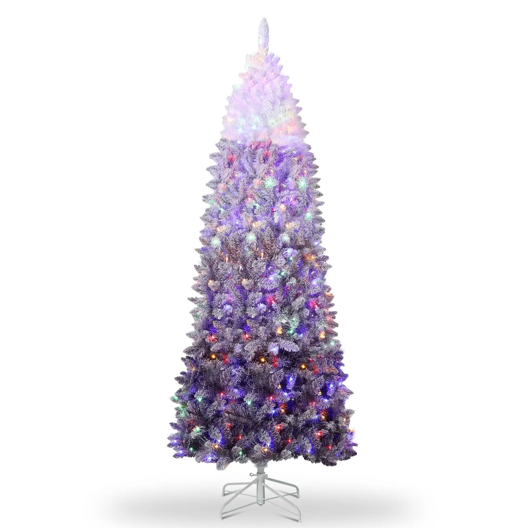 7.5 ft Prelit Artificial Christmas Tree with RGB & Warm White Lights, Pre-Lit Snow Flocked Pencil Christmas Tree, Foldable Base,Holiday Decoration for Home, Office, Party,Purple Gradient