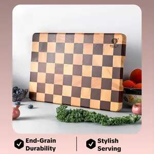 Bill.F Durable Classic Fashion Rubber Wood Cutting Board, 17.992 inches × 12.48 inches checkered meat cutting board, 1.92 inches thick, suitable for direct use in cooking, meal preparation, and serving (knife compatible). Wooden Stylish