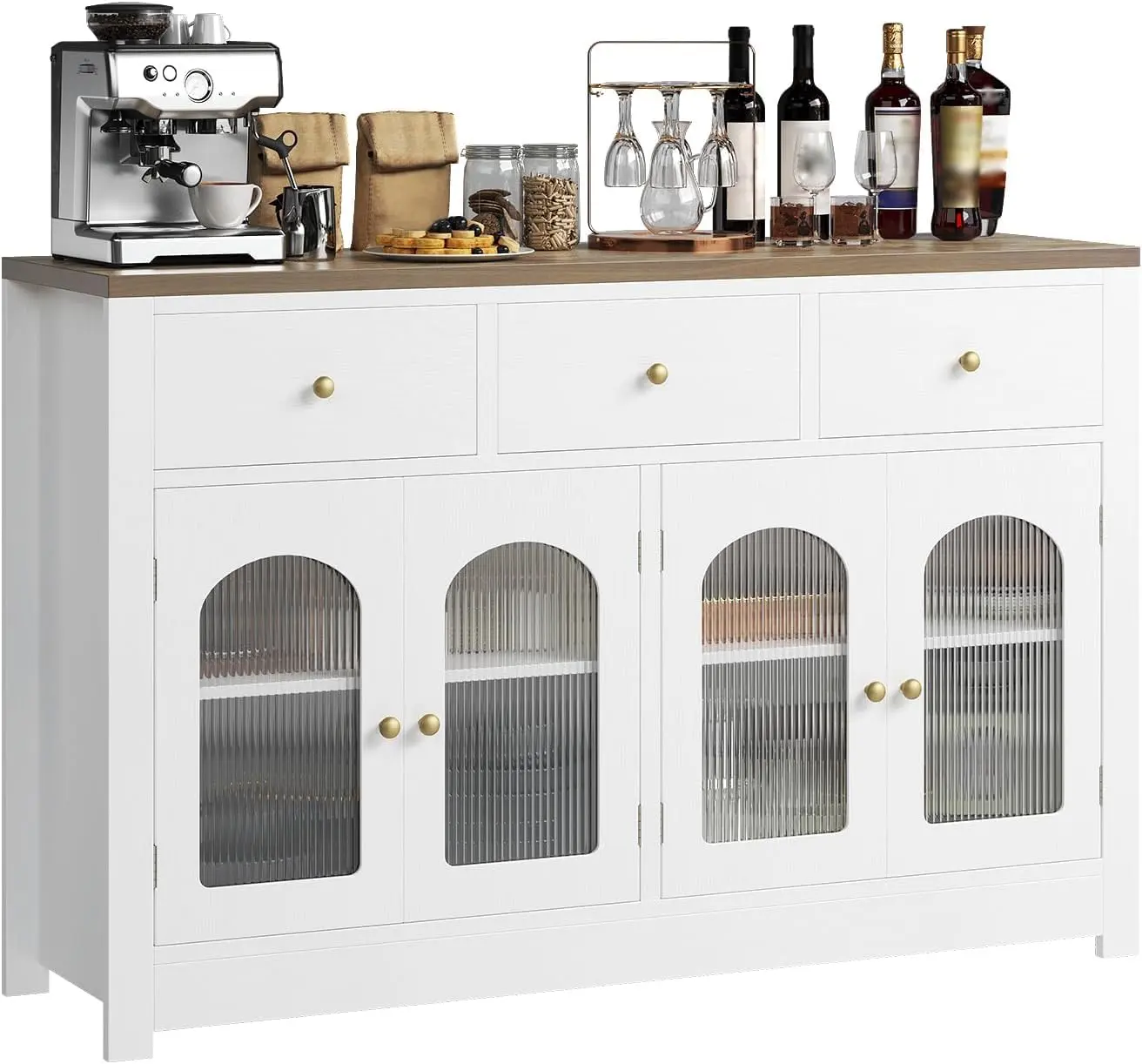 Garvee 55'' Sideboard Buffet Cabinet with Storage,Farmhouse Narrow Coffee Bar Cabinet with Drawers and 4 Doors for Kitchen Dining Room Living Room