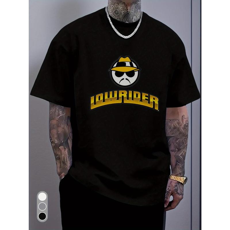 Men'S Lowrider Graphic T-Shirt - Bold Yellow Lettering & Smiling Character Print, Breathable Round Neck Casual Tee for Spring/Summer, Outdoor & Casual Attire - Lowrider Culture Apparel for Adults, Lowrider, Racing Shirt For Men, Car Shirt For Men, Graphic