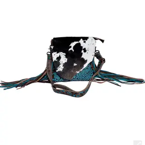 MYRA COBAL BLUE CONCEALED CARRY BAG HAIR-ON LEATHER CROSSBODY WITH EMBOSSED TURQUOISE PANEL AND FRINGE DETAILING