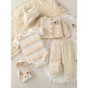 [4PCS Cotton Pants] 4-Piece Set Boys' Cartoon Giraffe Cotton Long Sleeve Pants Outfit |   Air Cotton, Casual Round Neck, Stretch Knit, Regular Fit, No Belt, Polyester, for Autumn/Winter Season, For Outdoor