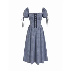 Cider Cotton Plaid Square Neck Knotted Lace Trim Puff Sleeve Midi Dress SwimWeek