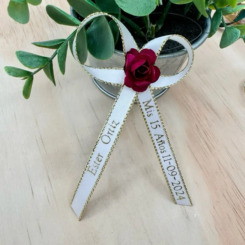 Personalized Ribbons with Lettered Text - White Rose Accent, Multi-Color Lettering Options, Dark Purple/Gold, Emerald Green-Gold, Blue, Custom Notes for Quinceañera, Office Stationery & Gift Wrapping Supplies, Design For Quinceañera And Baptism