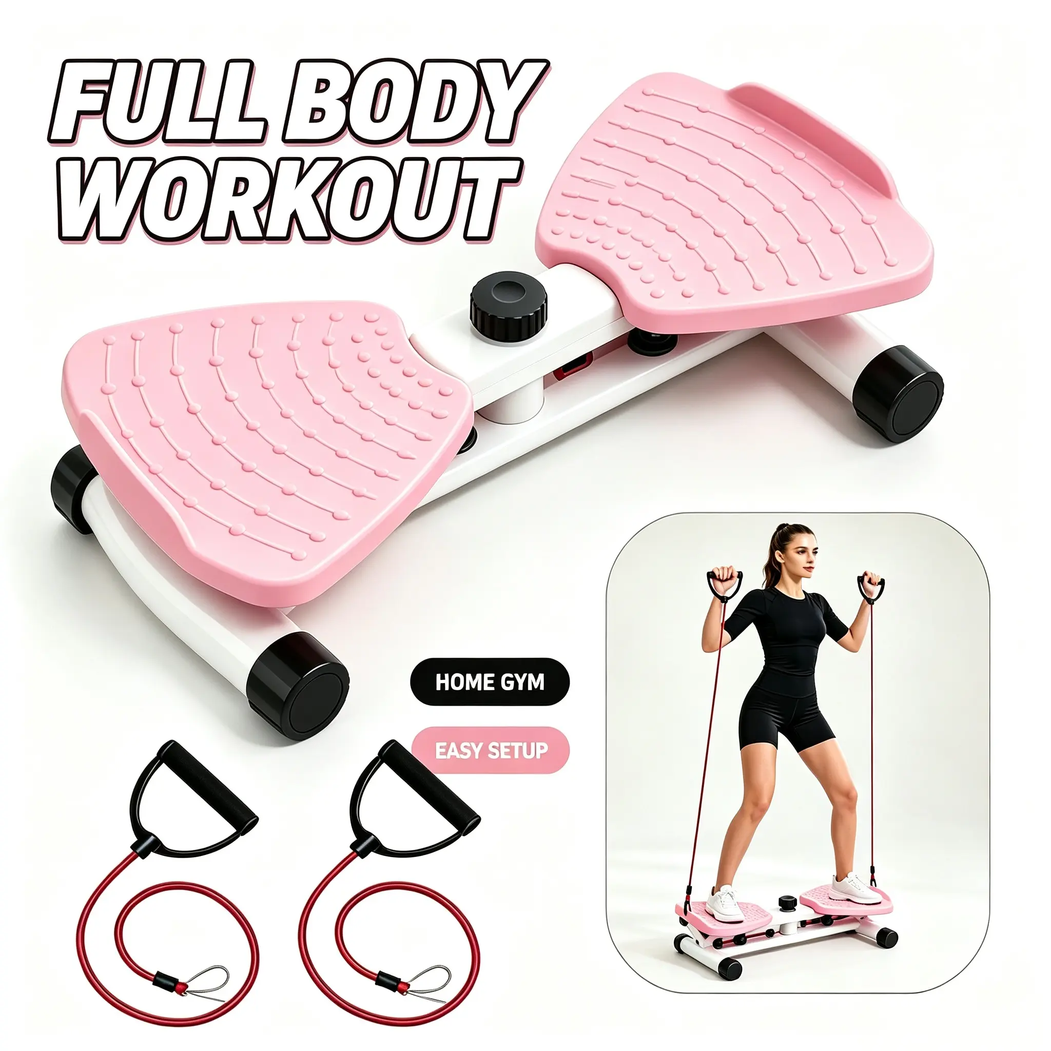 Adjustable Mini Twist Stepper with Pull Ropes - Compact Home Gym Cardio Machine with Small Footprints for Leg, Glute, Waist, Core Ab Shaping & Indoor Workout (Includes Ropes), Height Adjust