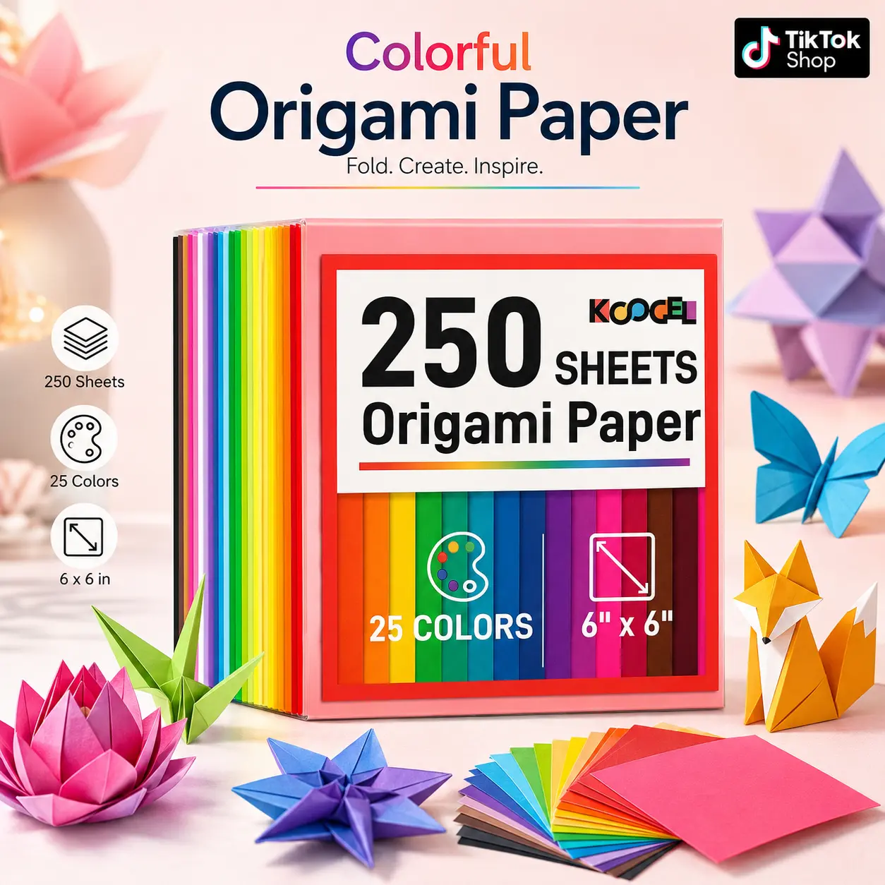 Koogel Double-Sided Origami Paper Pack, 250 Sheets, 6"x6", 25 Assorted Colors, Kids' Crafting Supplies for Folding, Scrapbooking
