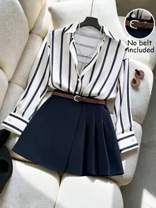 French Vintage Striped Long Sleeve Shirt Pleated Skirt Set, Elegant Slimming Two-Piece, Stylish Women's Clothing for Casual Wear