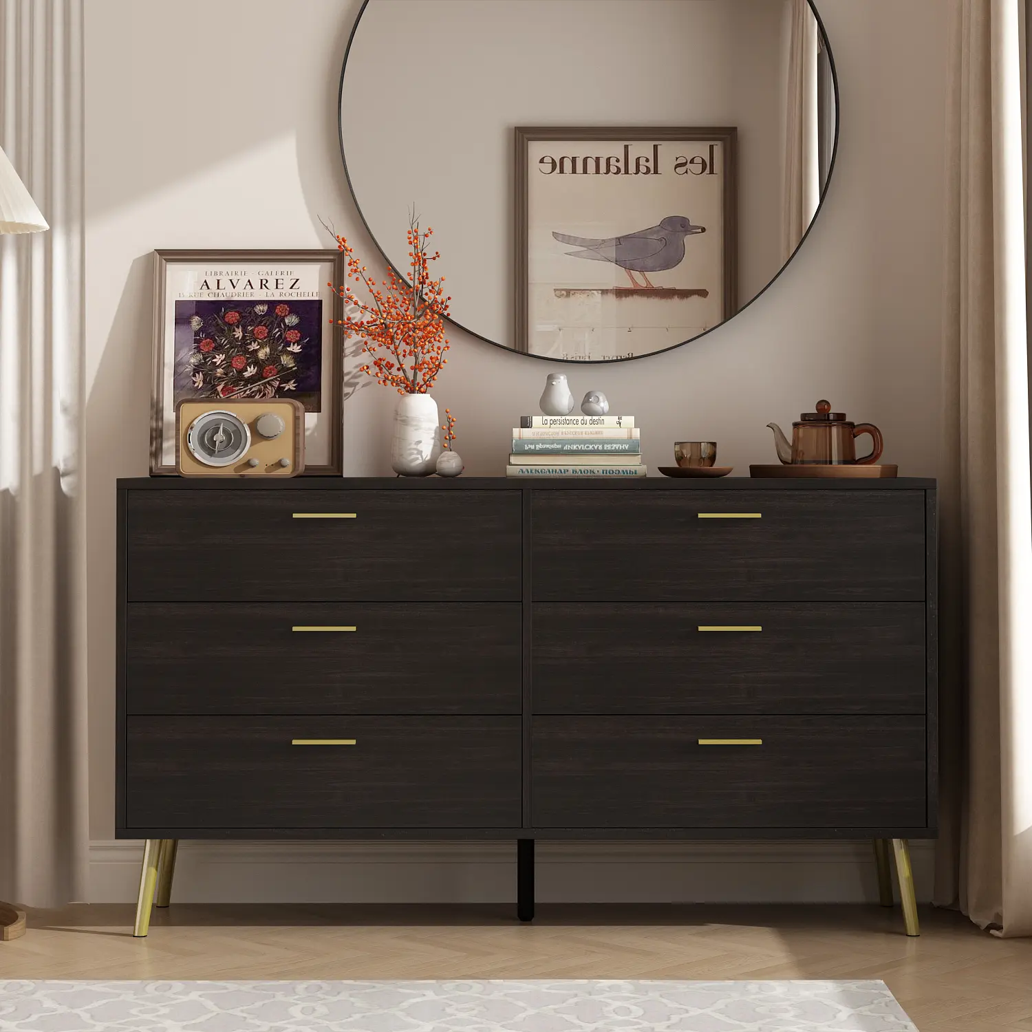FUFU&GAGA 6 Drawer Wooden Dresser Chest for Bedroom Living Room Sideboard Cabinet Black 54"