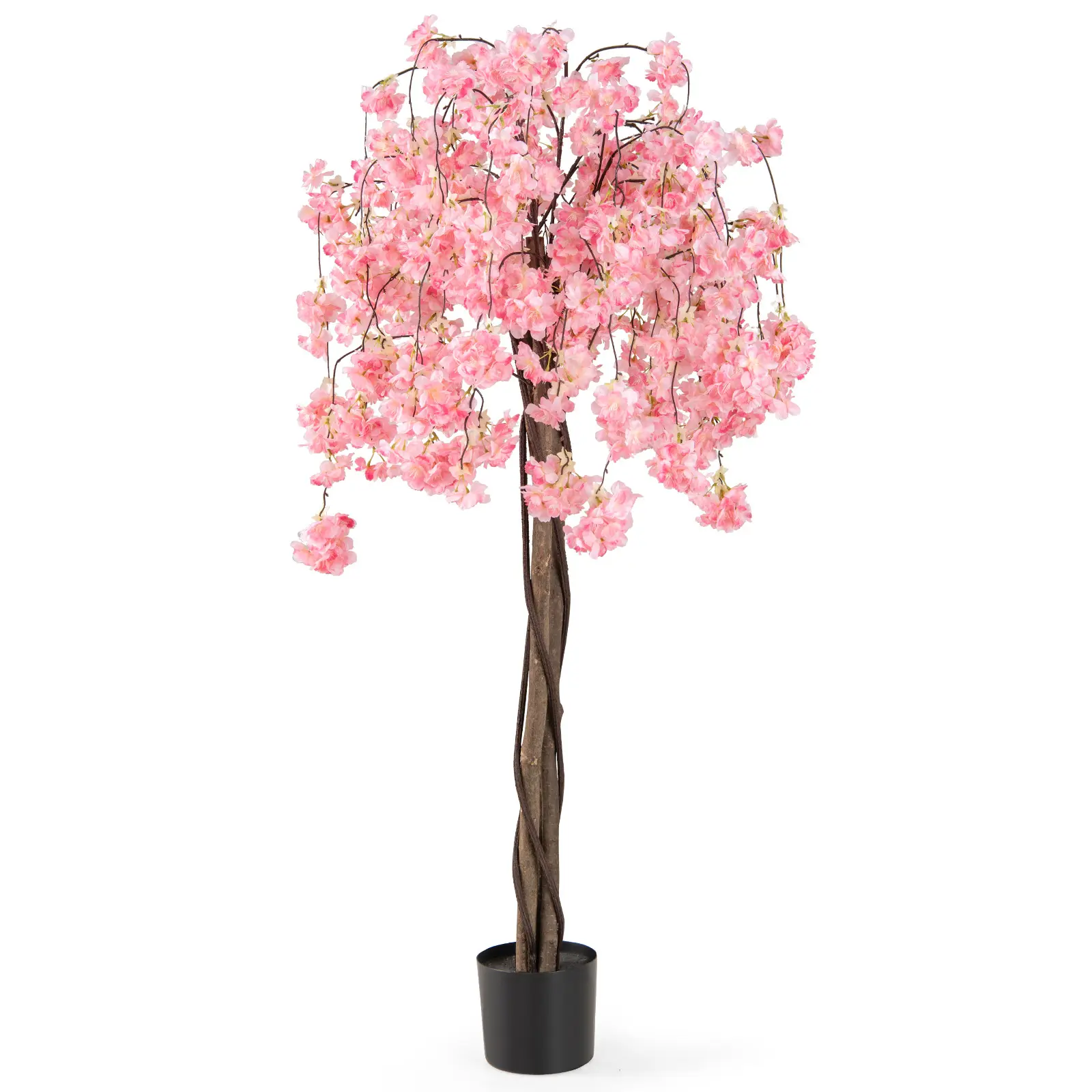 COSTWAY - 5.5 FT Tall Artificial Cherry Blossom Tree with Pink/White Flowers 1 Pack-Pink