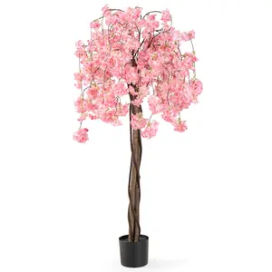 COSTWAY - 5.5 FT Tall Artificial Cherry Blossom Tree with Pink/White Flowers 1 Pack-Pink