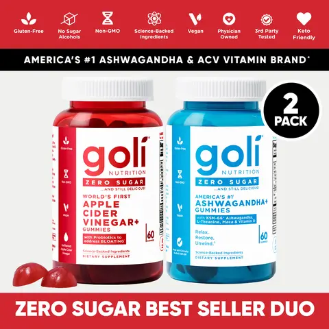Zero Sugar Best Seller DUO - Apple Cider Vinegar with Vitamin B12 and Probiotics To Address Bloating, Ashwagandha & L-Theanine, Vitamin D gummies. Gluten-Free, Vegan, Non-GMO & Gelatin-Free