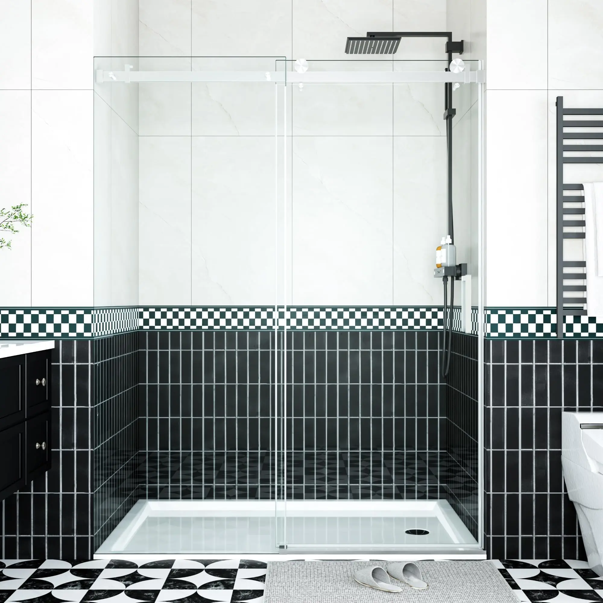 Garvee Frameless Stainless Steel Sliding Shower Doors with Adjustable Widths 44-60 inches and Heights 74-76 inches, Tempered Safety Glass 8mm-6mm, Waterproof Seals, Handles, Matte Black Finish for Modern Bathroom Renovations