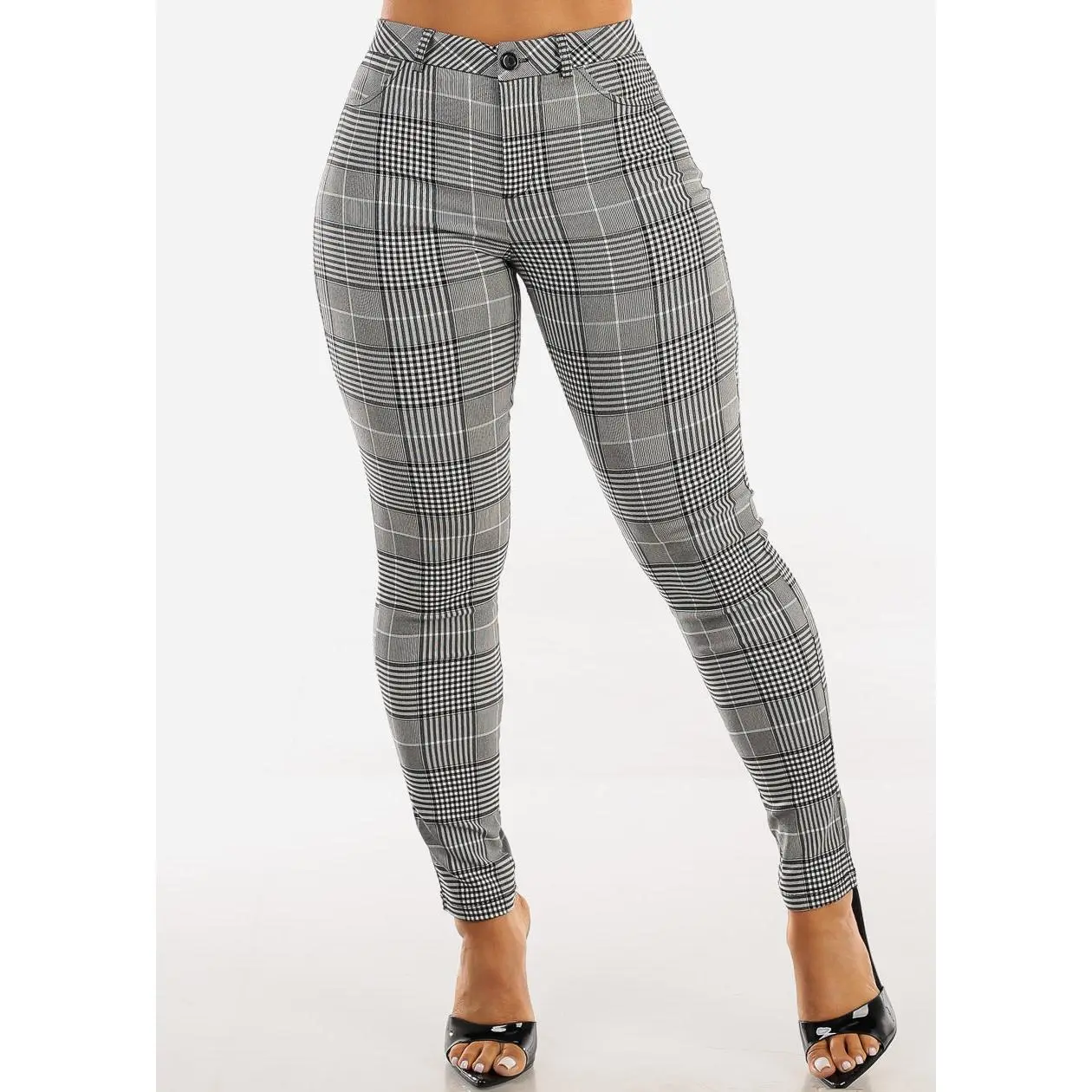 Stretchy High Waisted Plaid Skinny Pants Black